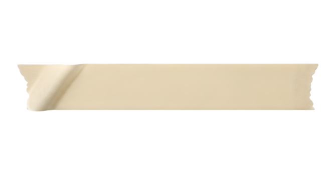 A single piece of beige masking tape with torn edges on a black background in a horizontal orientation on transparent background