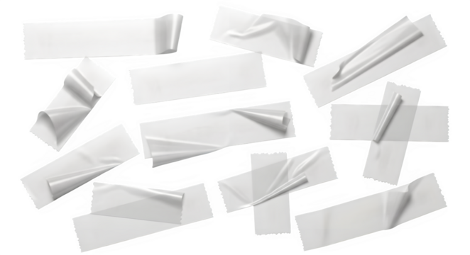 Scattered white adhesive bandage strips on a black background in a random arrangement pattern on transparent background