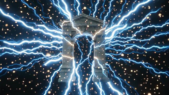 A striking depiction of a classic stone archway illuminated by vibrant bolts of lightning against a dark backdrop, creating a dramatic atmosphere