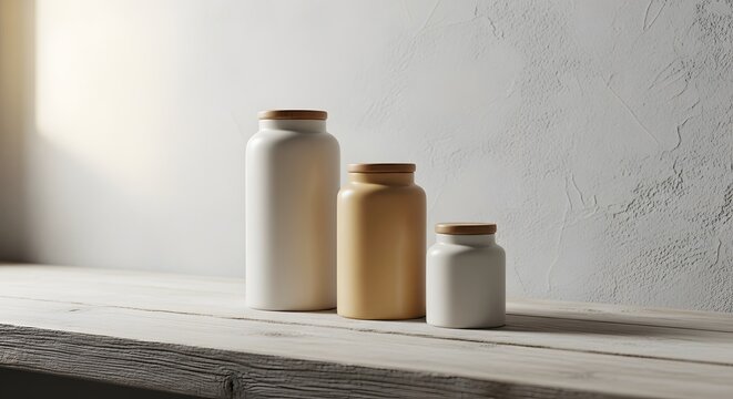 Minimalist Ceramic Jars with Wooden Lids on Rustic Shelf perfect for home decor inspiration, kitchen organization features,