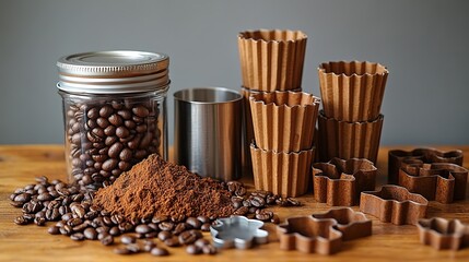 Coffee Ingredients and Baking Molds, Coffee Beans and Ground Coffee, Home Baking Scene