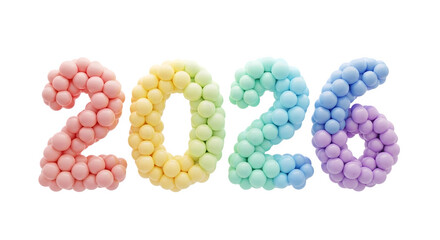 Colorful balloons forming the year 2026 isolated on transparent background