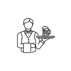 Waiter Serving Beer Line Art – Vector Illustration of Restaurant Service with Drink on Tray