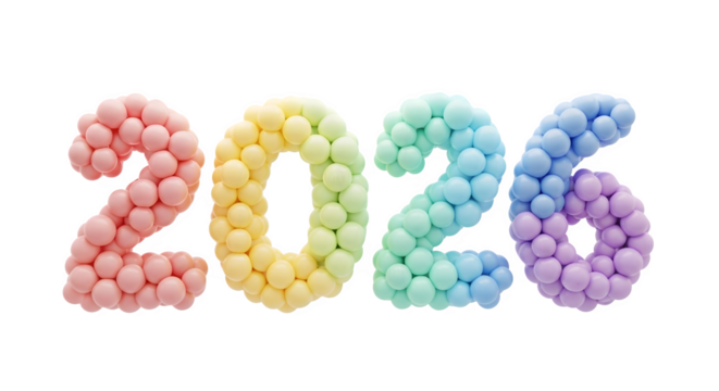 Colorful balloons forming the year 2026 isolated on transparent background