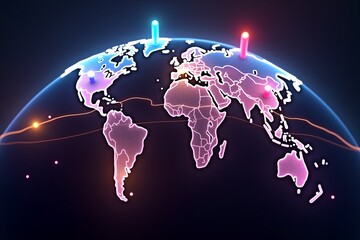 Neon-lit world map with glowing pins, vibrant colors against dark background, futuristic global connectivity theme.