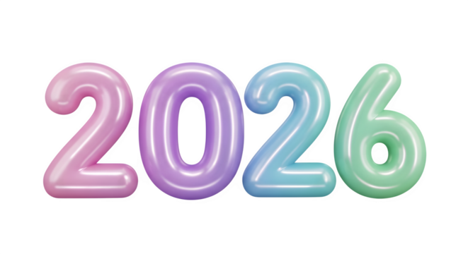 Shiny pastel colored balloons forming the year 2026 isolated on transparent background