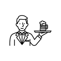 Waiter Serving Beer Line Art – Vector Illustration of Restaurant Service with Drink on Tray