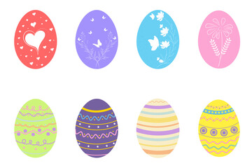 A set of 8 beautifully designed Easter eggs with unique patterns: hearts, florals, stripes, and geometric shapes in pastel colors. Ideal for holiday projects and crafts.