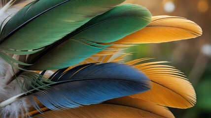 Vibrant bird feather illustration showcasing a beautiful array of green blue and golden natural plumage