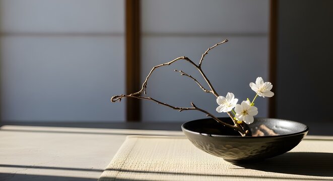 Serene Ikebana with Cherry Blossoms against Shoji Screen perfect for Home decor, spa and wellness marketing, cultural blogs,