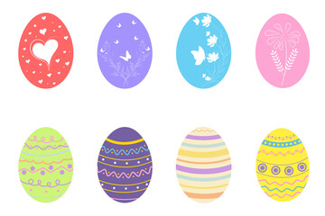 A set of 8 beautifully designed Easter eggs with unique patterns: hearts, florals, stripes, and geometric shapes in pastel colors. Ideal for holiday projects and crafts.