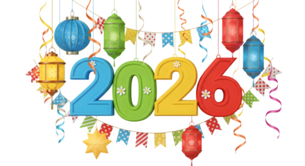 Colorful 2026 numbers with hanging lanterns and festive streamers isolated on transparent background