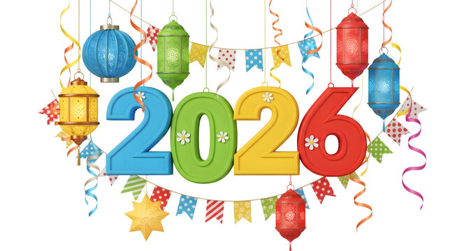 Colorful 2026 numbers with hanging lanterns and festive streamers isolated on transparent background