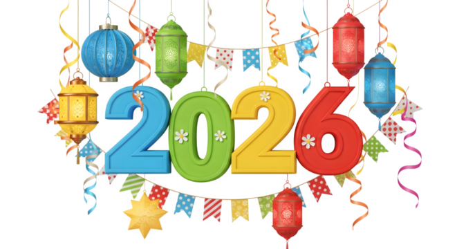 Colorful 2026 numbers with hanging lanterns and festive streamers isolated on transparent background