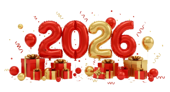 Festive red and gold balloons forming the year 2026 surrounded by gift boxes and confetti isolated on transparent background