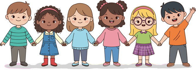 Diverse cartoon children holding hands, smiling kids group, unity, friendship, multicultural, cheerful, colorful outfits, happy faces, isolated on white © Hey There