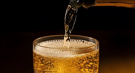 Golden Sparkling Drink Being Poured into Glass on Dark Background perfect for advertising, marketing materials, website