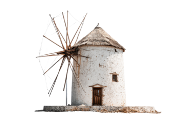 Traditional Greek Windmill in Mykonos Against Transparent Background