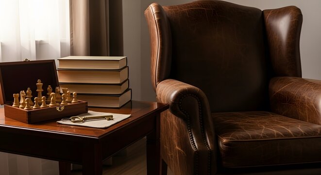 Cozy Study Corner with Classic Leather Armchair, Chess Set, and Books perfect for interior design inspiration, blog post