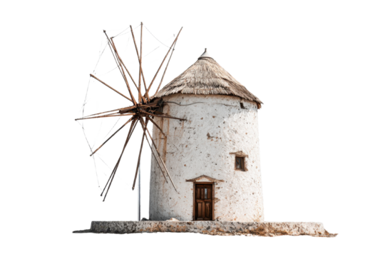 Traditional Greek Windmill in Mykonos Against Transparent Background