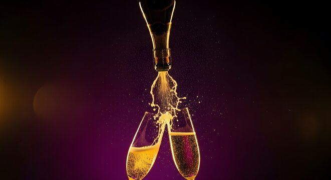 Dynamic Champagne Pour and Splash into Flutes for Festive Celebration perfect for New Year's Eve promotion, party invitation,