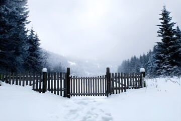 Snow Covered Wooden Gate in Winter Landscape for Peaceful Seasonal Outdoor Photography Rustic Scenic View
