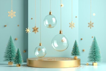 Christmas scene: gold ornaments, snowflakes, miniature trees on mint green stage. Festive, minimalist holiday decor.