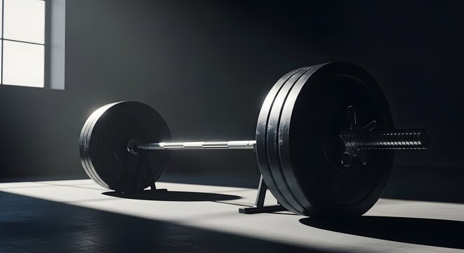 Weightlifting Barbell in Dimly Lit Gym with Dramatic Sunlight perfect for Fitness website banner, gym promotional material,