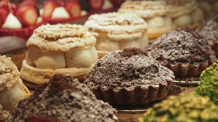 Beautiful desserts displayed in a vibrant bakery shop