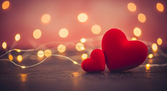 Two red hearts illuminated by warm bokeh lights and string lights