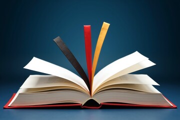 Open book with colorful pages, centered on dark blue background. Soft lighting highlights text and paper texture. Minimalist composition.