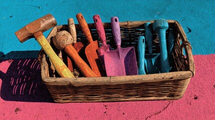 A wicker basket overflowing with colorful garden tools against a textured surface