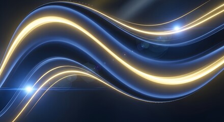 Abstract flowing wave of glowing blue and gold light streaks on a dark background