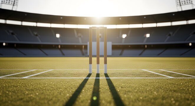 Cricket Stumps on Pitch in Stadium at Sunset/Sunrise perfect for sports marketing, website banner, blog header, editorial