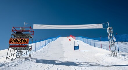 Empty Ski Race Course Start Line with Digital Timer and Blank Banner perfect for Website banner, sports magazine cover,