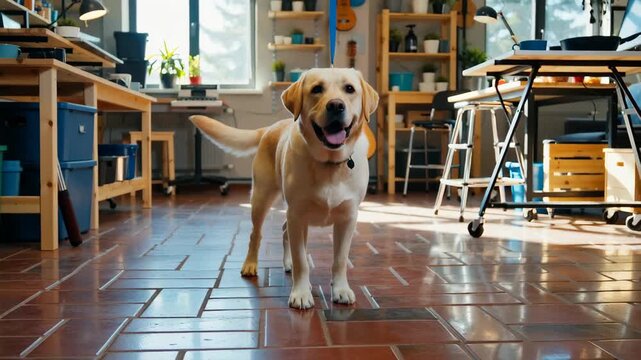 A cheerful Labrador retriever standing on a tiled workshop floor filled with natural light and tools