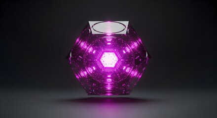 Futuristic Glowing Purple Geometric Object on Dark Background perfect for technology website banner, gaming content, sci-fi