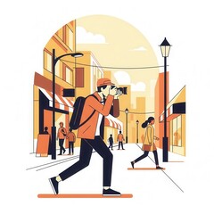 Male individual captures images while walking along a busy urban street lined with buildings and other pedestrians