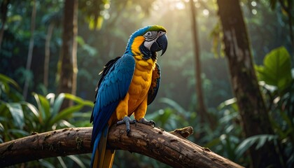 Obraz premium Majestic BlueandGold Macaw Perched on a Branch in Lush Tropical Rainforest.