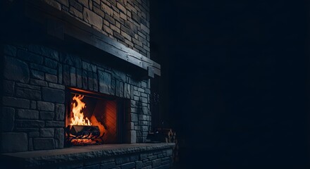 Cozy Stone Fireplace with Warm Burning Logs in a Dark Room perfect for website banner, blog post illustration, home decor