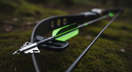 Close-up of Modern Compound Bow and Broadhead Hunting Arrow on Mossy Forest Floor perfect for Hunting magazine, sports
