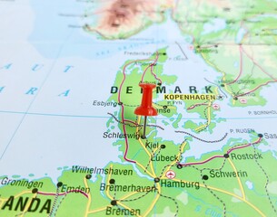 View of Schleswig, is the capital of the Kreis Schleswig-Flensburg, in Schleswig-Holstein, Germany, on a geographical map of Europa, marked with red pushpin