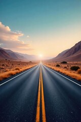 Endless asphalt ribbon vanishing into the hazy distance, a picturesque roadway horizon stretching towards the unseen Perfect for travel, adventure, and journey themes , light, freedom