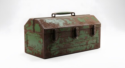 Vintage Green Metal Toolbox with Rusty, Distressed Finish on White Background perfect for blog post header, website banner,