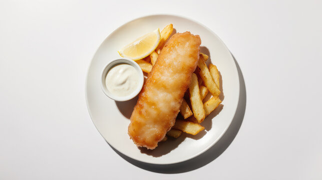Top down view of classic fish and chips meal on white plate. Appetizing golden fried battered fish with french fry, lemon wedge, and tartar sauce on clean white background