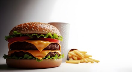 Classic Double Cheeseburger Meal with Crispy French Fries and Soft Drink perfect for Restaurant menu, fast food advertising,