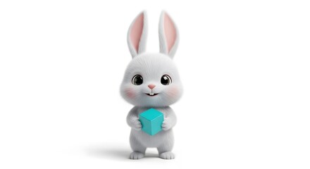 Adorable 3D White Fluffy Rabbit Character Holding a Blue Cube perfect for Children's branding, website design, app icons,