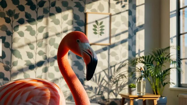 A vivid pink flamingo stands elegantly in a bright room adorned with green foliage wallpaper
