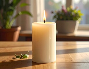 Lit candle on a wood table, plants blurred in background