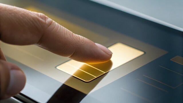 A close-up of a finger poised over a touchscreen interface, highlighting interaction with digital buttons in a modern technological setting.